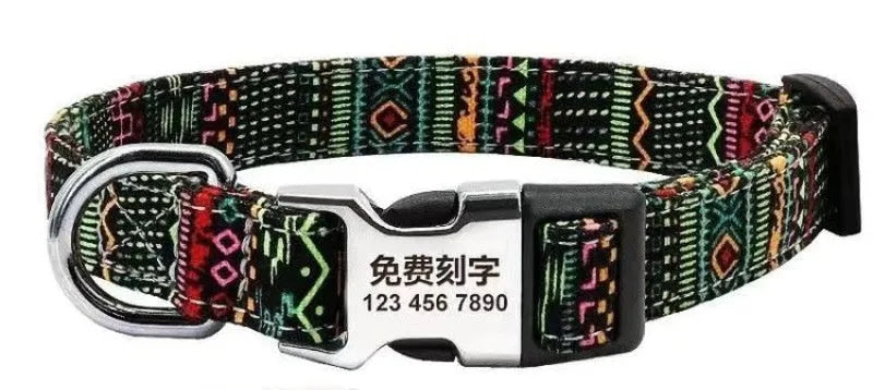 Canvas dog collar with striped bohemian pattern and adjustable semi-metal buckle for medium large dogs