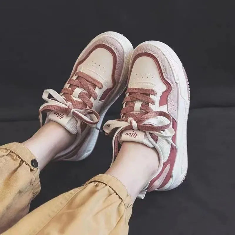 Beige and pink low-top rubber sneakers with height increasing soles for women