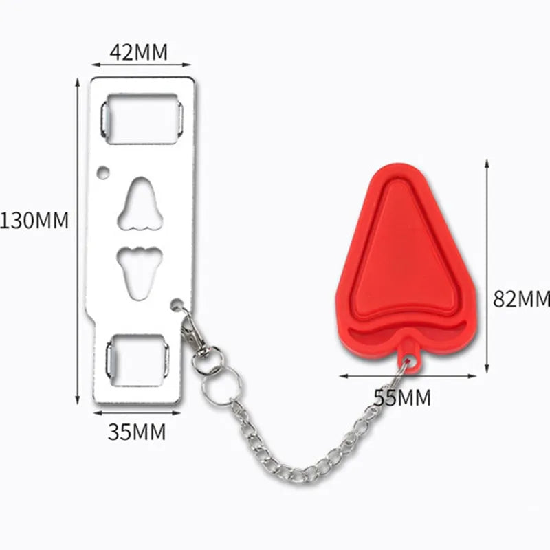 Red portable door safety latch lock with chrome-plated metal piece installed on a wooden door jamb
