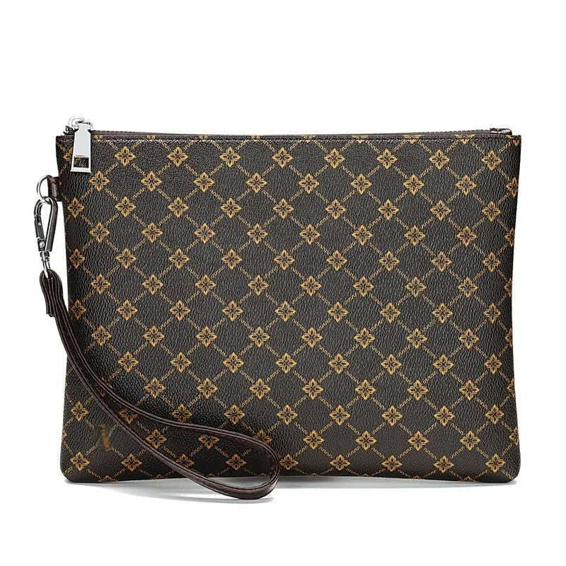 Men's soft PU leather gingham check envelope clutch bag with stitched sewing lines and handle