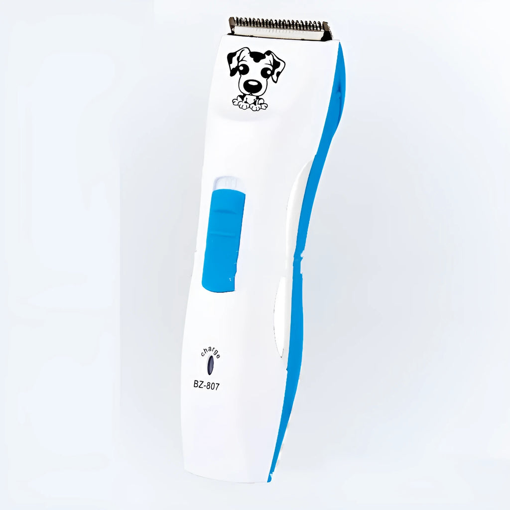 DC rechargeable pet hair clipper with orange and blue options, stainless steel blade, and four limit combs on charging stand