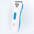 DC rechargeable pet hair clipper with orange and blue options, stainless steel blade, and four limit combs on charging stand
