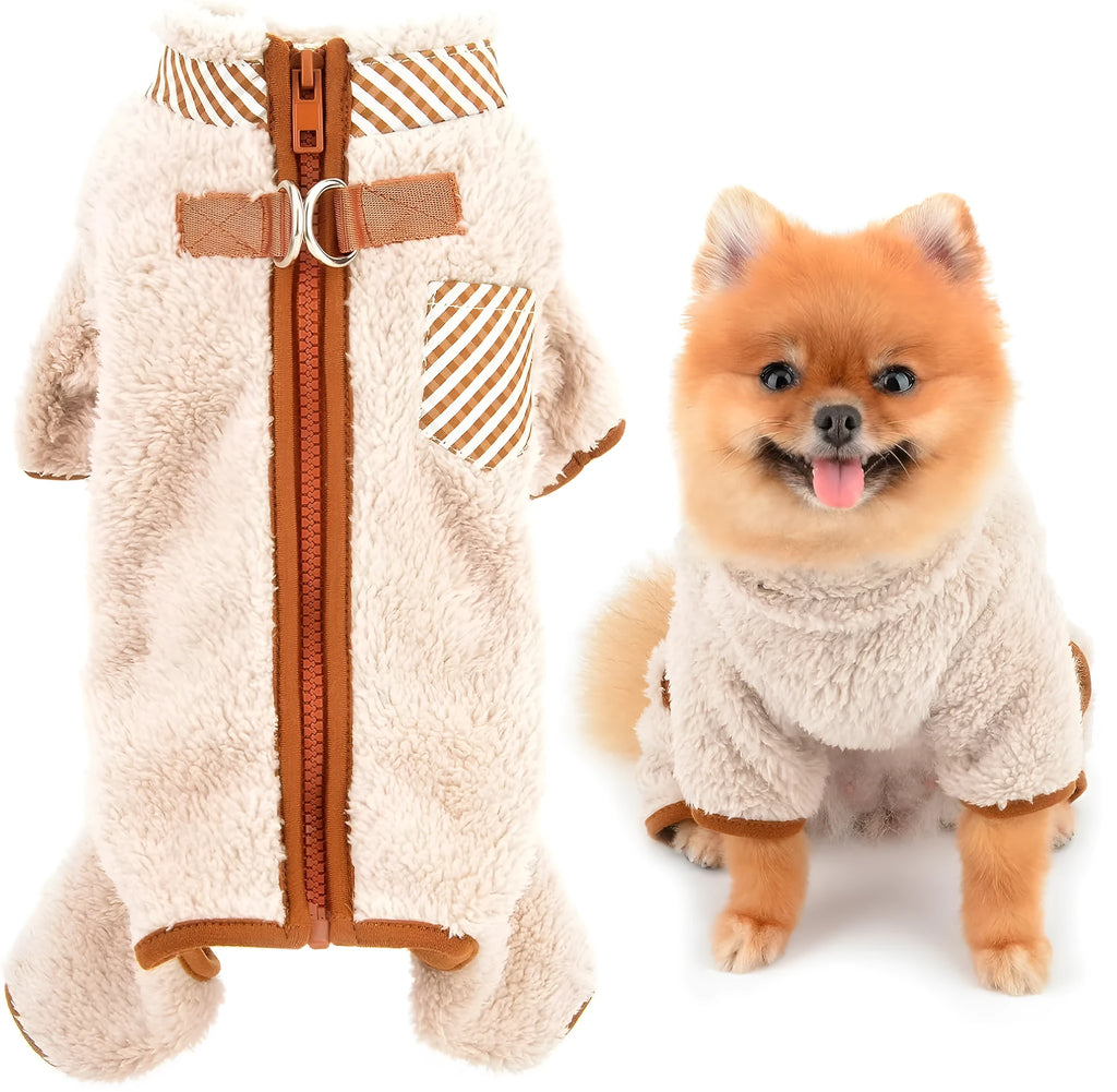Green fleece dog coat with four-leg jumpsuit design and back zipper closure on a small dog
