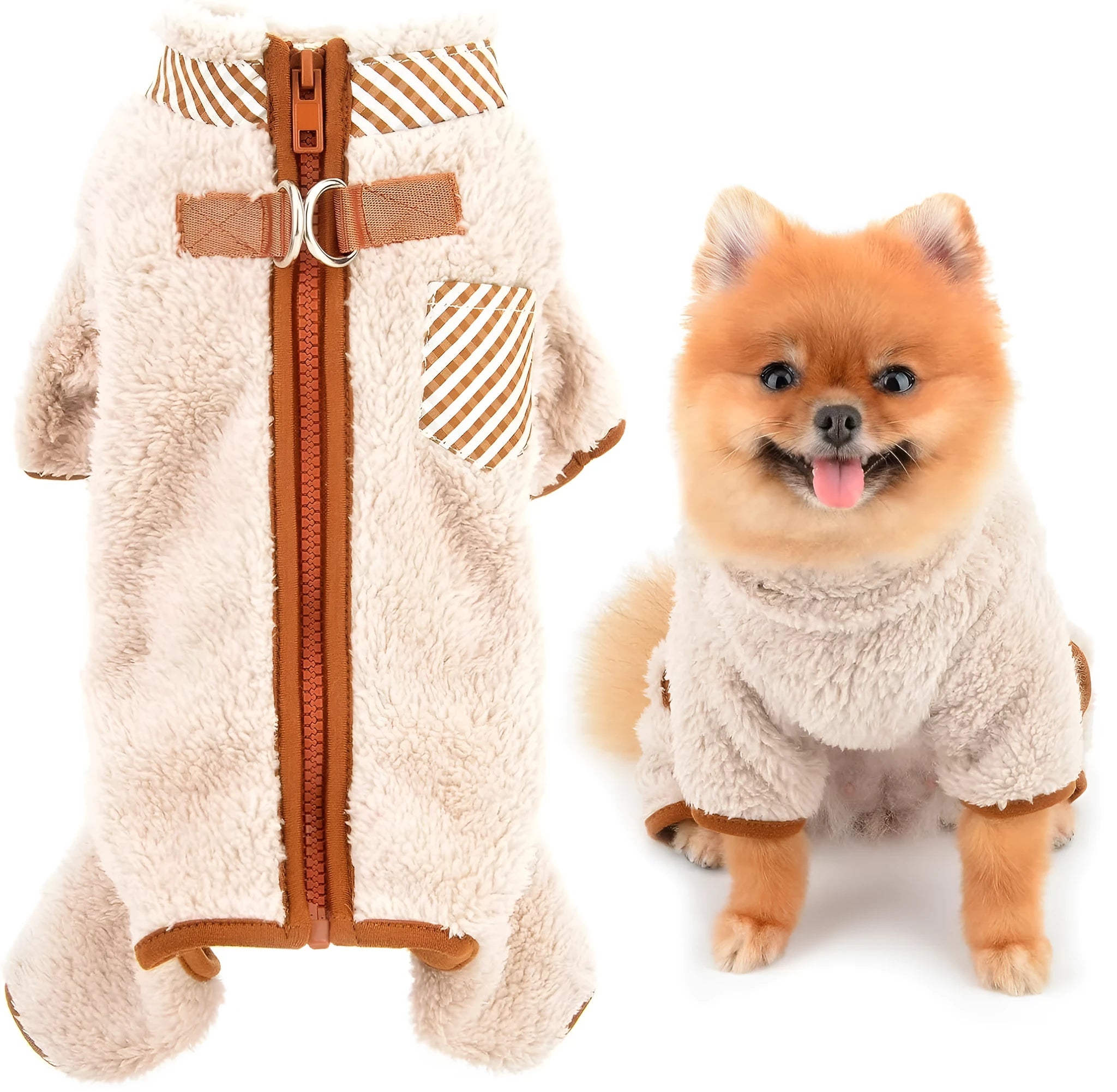Green fleece dog coat with four-leg jumpsuit design and back zipper closure on a small dog