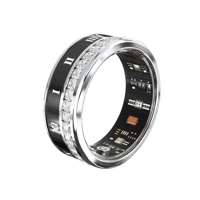 Silver and gold diamond smart rings for blood oxygen monitoring on a finger