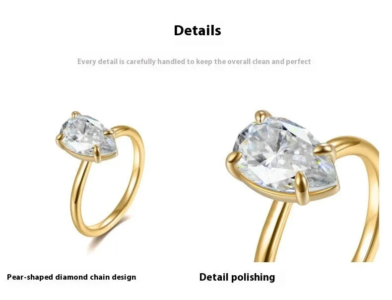 Pear-shaped moissanite ring in silver, 7x11mm stone, simple single diamond style, size 7 shown