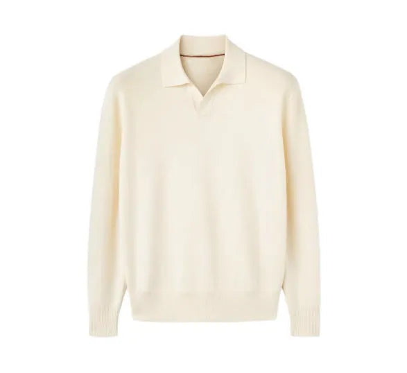 Man wearing a milky white pure wool polo sweater with a lapel collar and loose fit.