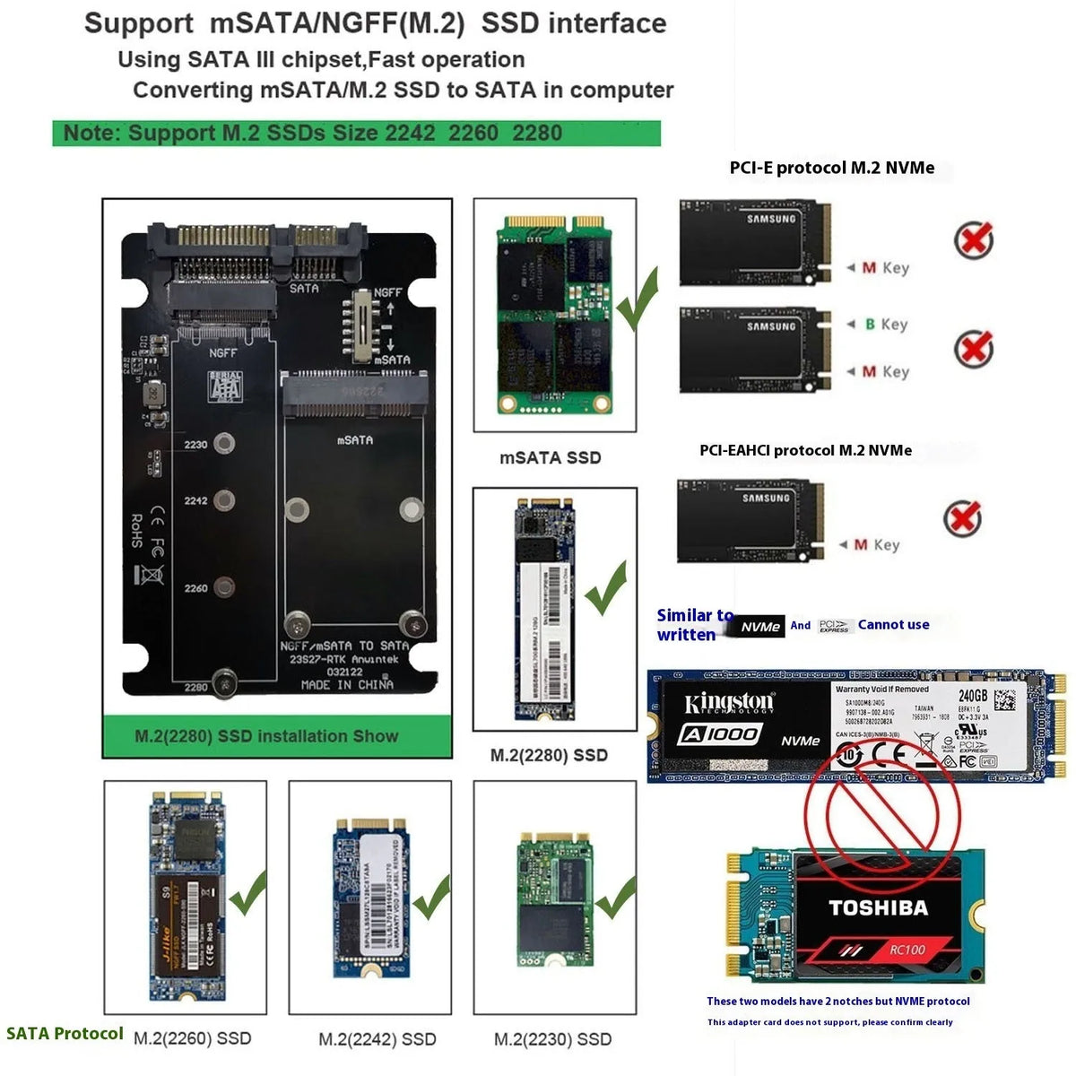 M.2 NGFF to SATA3.0 SSD adapter card with mSATA and dual card options, USB3.0 interface