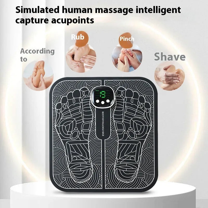 Blue USB rechargeable reflexology foot massager mat with push-button controls on colour box