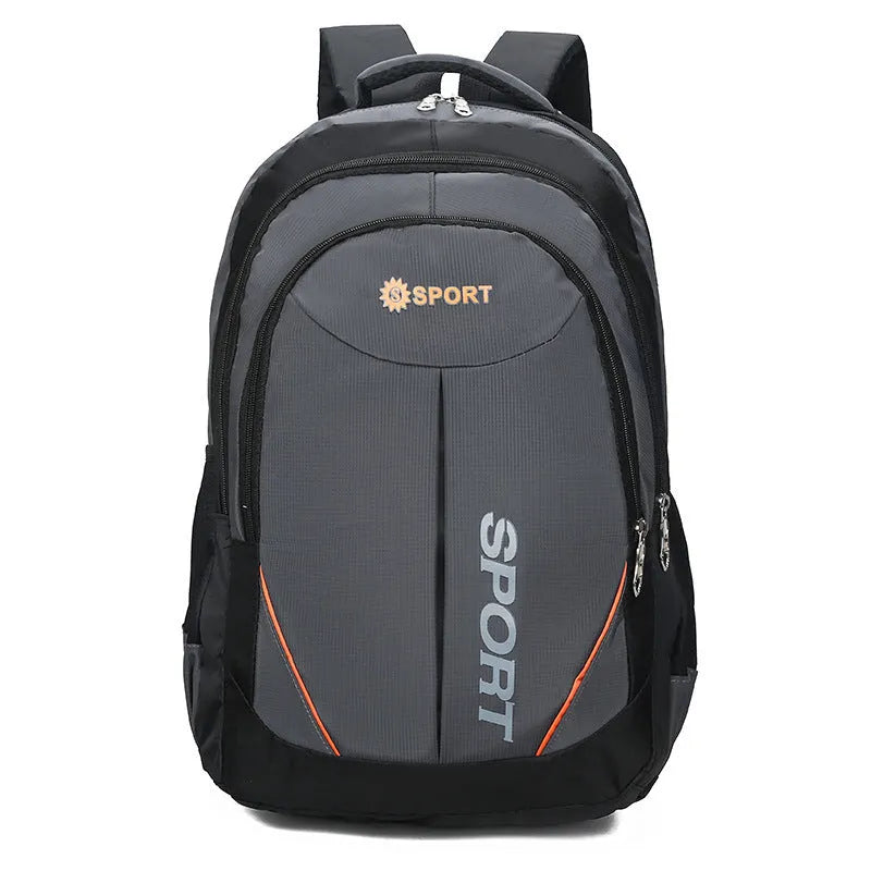 Large nylon backpack with curved shoulder straps in black, blue, grey, or red colours showing 20-35L capacity