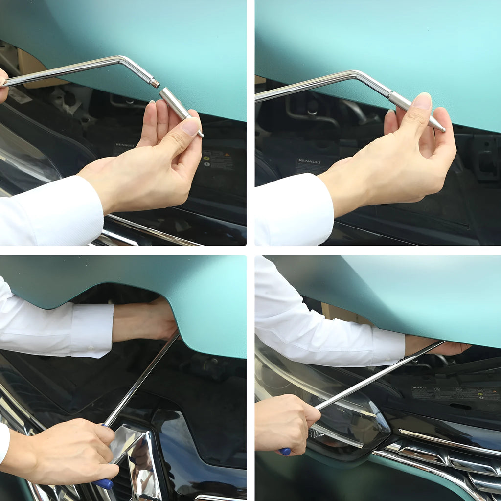 Three alloy steel car dent repair tools: hooks and a crowbar for vehicle body panel maintenance.