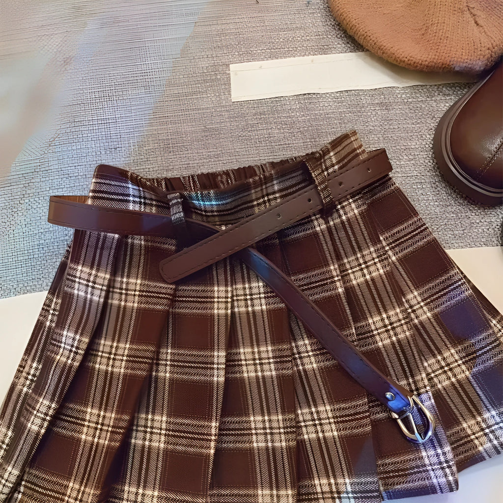 Children's plaid patterned pleated A-line skirt in cotton blend fabric.