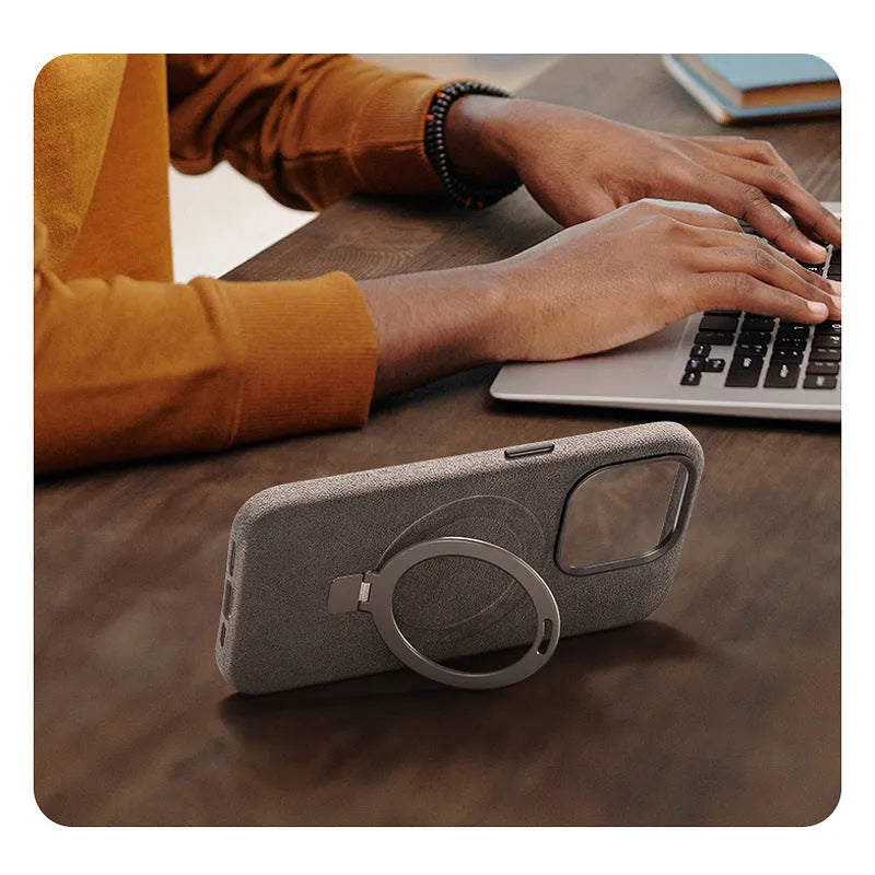 Creative all-match suede bracket phone case for iPhone 15 Pro and 15 Pro Max in dark gray with magnetic absorption and shockproof build
