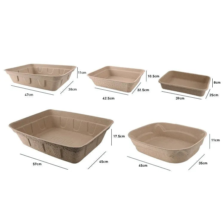 Brown disposable cat litter box with waterproof lining showing three size options for small pets