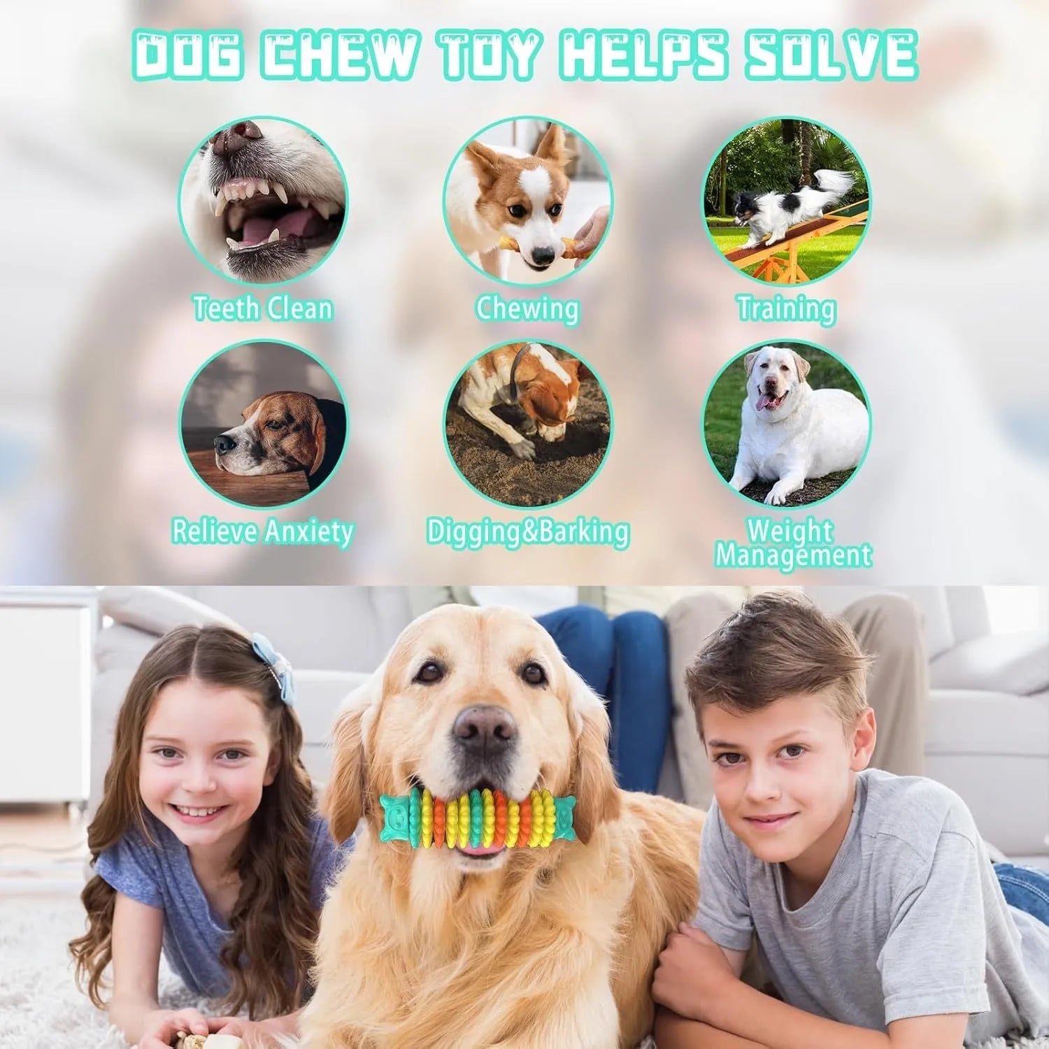 Blue, green, and pink caterpillar-shaped rubber dog chew toy for aggressive chewers.