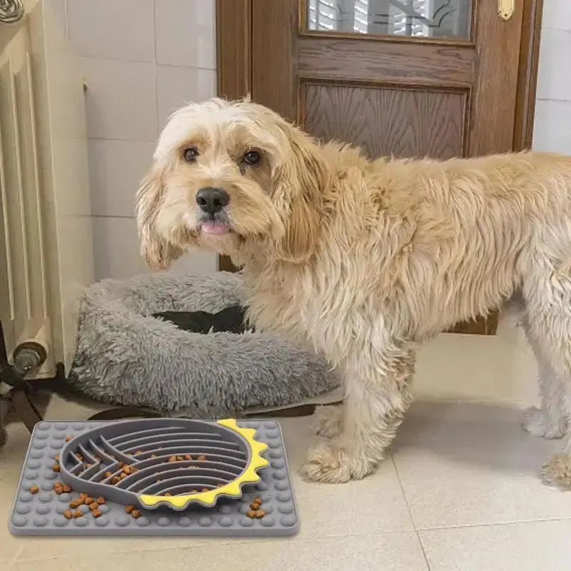 Slow feeder dog bowl lick mat with smooth texture in blue, gray, green, and red colour options