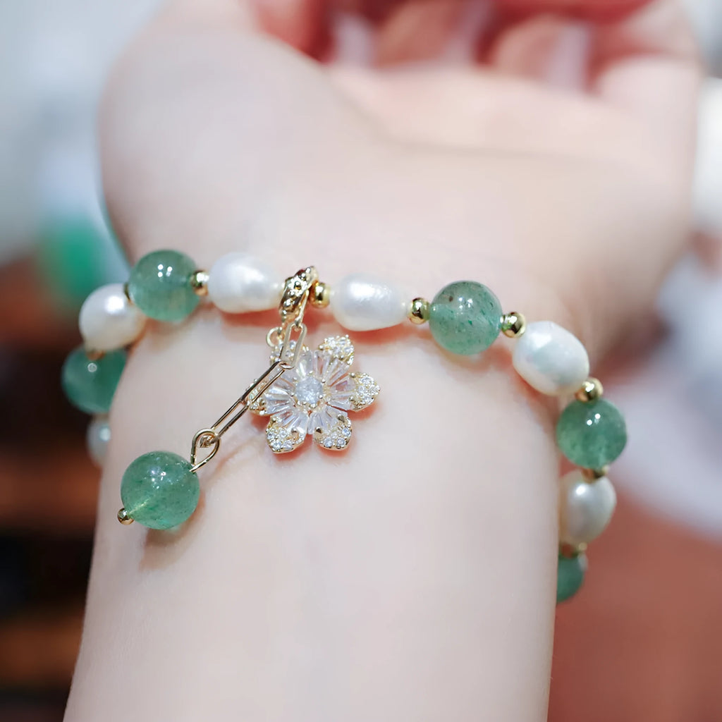 Handmade green strawberry freshwater pearl bracelet with peace buckle and hanging flower charm