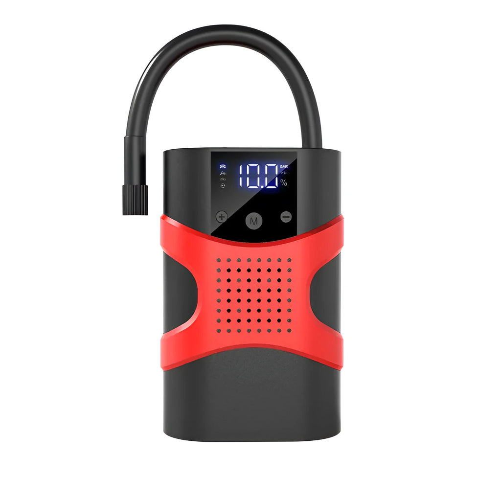 Portable emergency start power source with air pump, digital display, lithium battery, and circuit board protection.