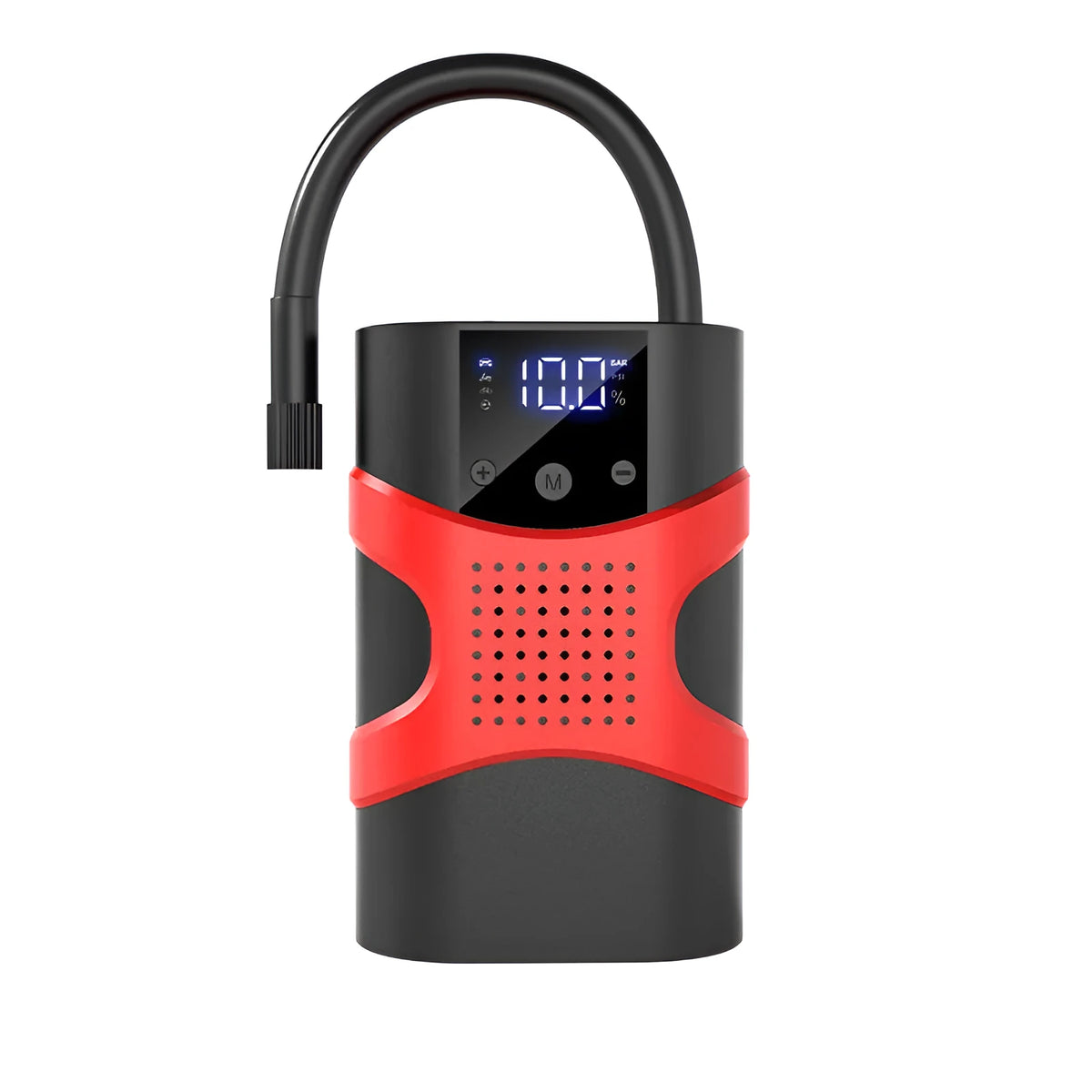 Portable emergency start power source with air pump, digital display, lithium battery, and circuit board protection.