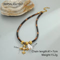 Geometric stainless steel necklace with leopard leather accents on pendant and gold-plated chain