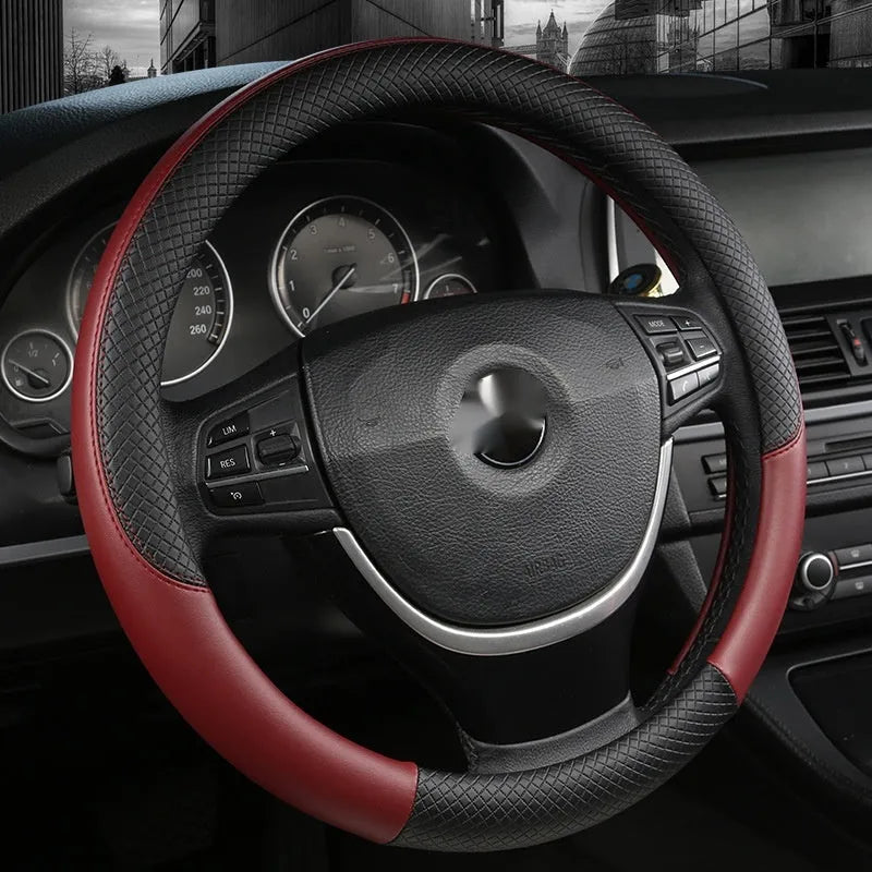 Leather car steering wheel cover with double line stitching, breathable four-season sports style, fits round and D-shaped wheels
