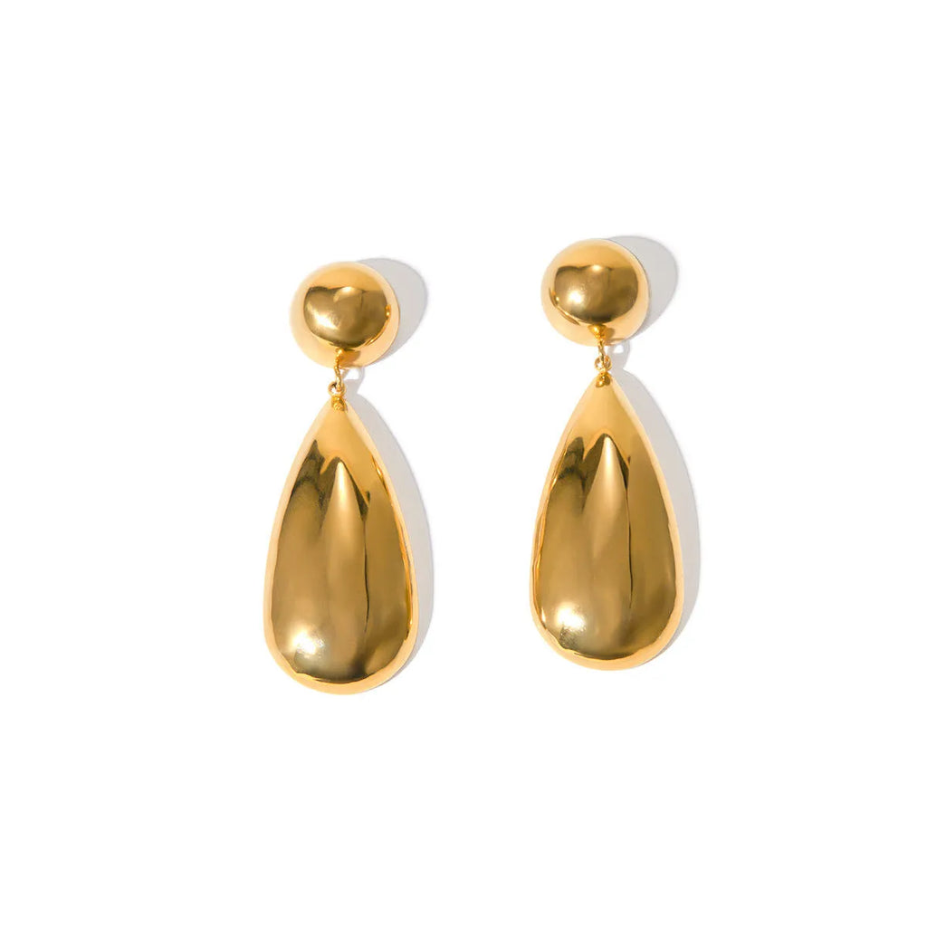 Gold geometric hemisphere water drop pendant earrings made from stainless steel.