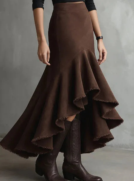 Brown women's high-low maxi skirt with a ruffle hem and textured eco suede finish.
