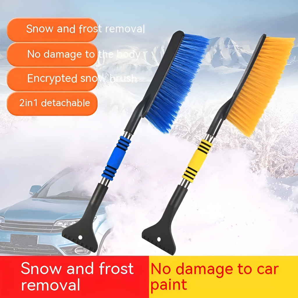Yellow and blue telescopic car snow brush and ice scraper with a long plastic handle.