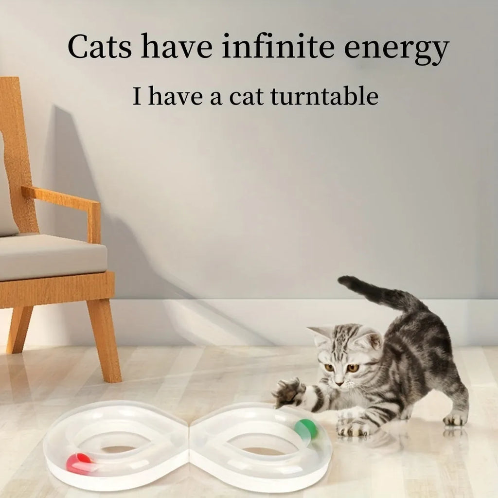 Blue and white self-moving cat turntable track toy with teasing stick for interactive play.