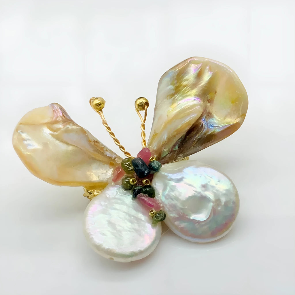 Handwoven epoxy shell butterfly brooch in light brown, handmade, original design, for women