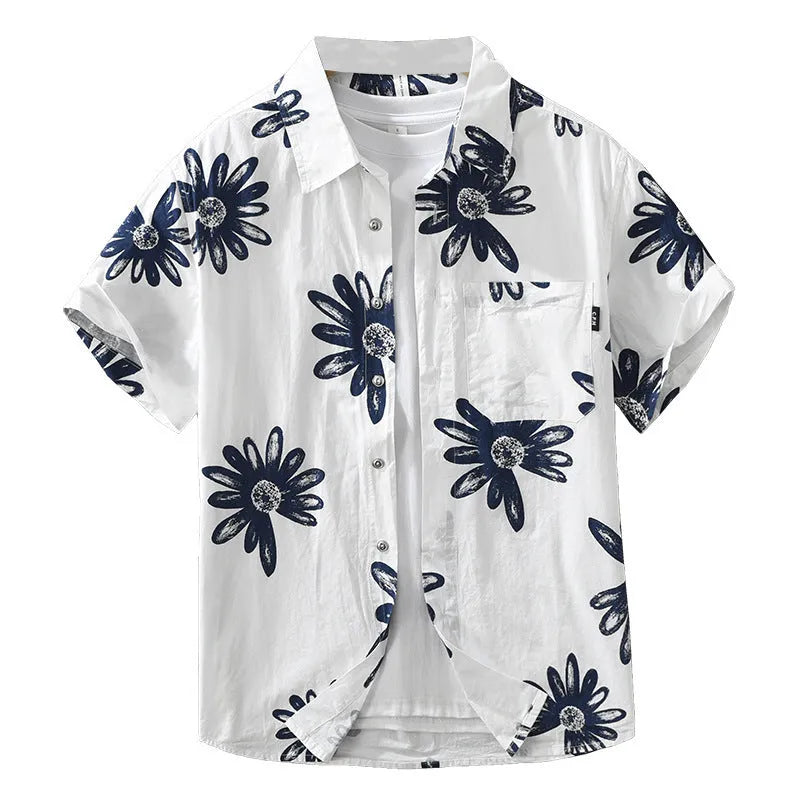 Apricot and white loose fit Japanese style short sleeve printed shirt on hanger
