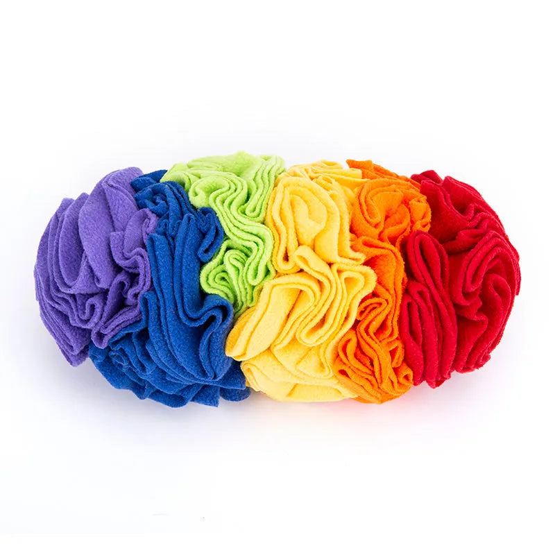 Dog snuffle pad in polar fleece fabric, 25 x 15cm puzzle training mat in Rainbow or Sunset colour