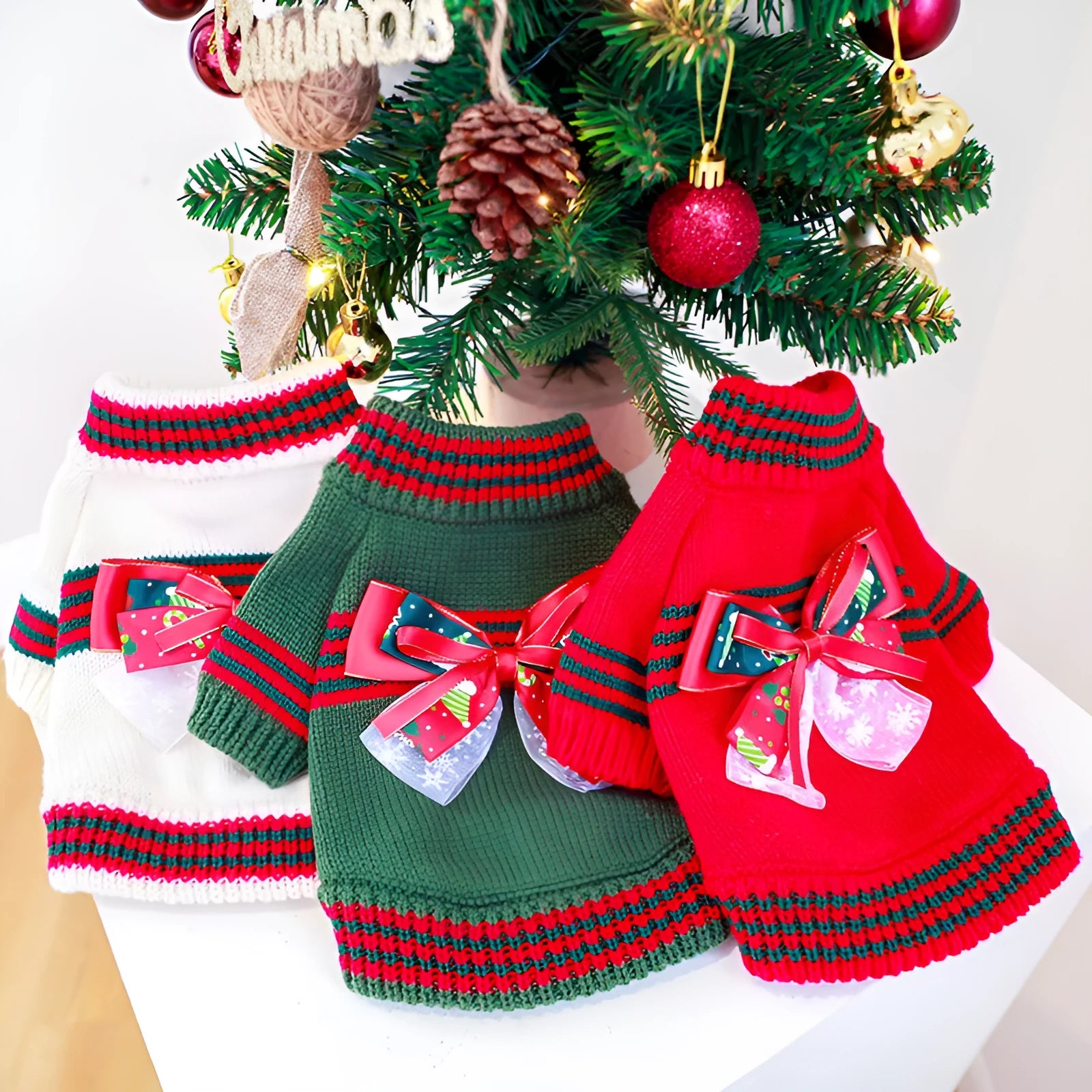 Red and green festive dog Christmas jumper sweater for small and large breeds.