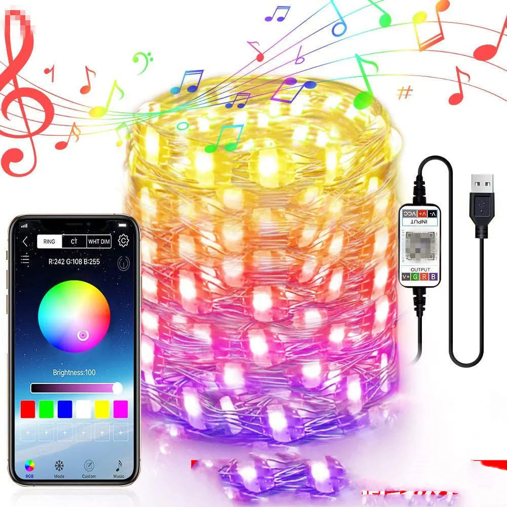 Copper wire curtain light string with smart phone control showing warm white LED lights