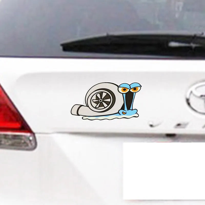 Reflective cartoon snail design car sticker measuring 12 by 8 centimetres.