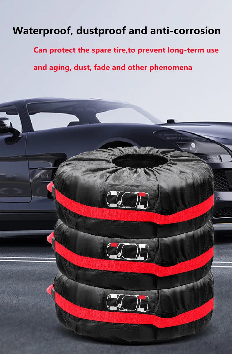 Set of four black Oxford cloth car tyre protective covers laid flat, showing their circular shape and durable fabric texture.