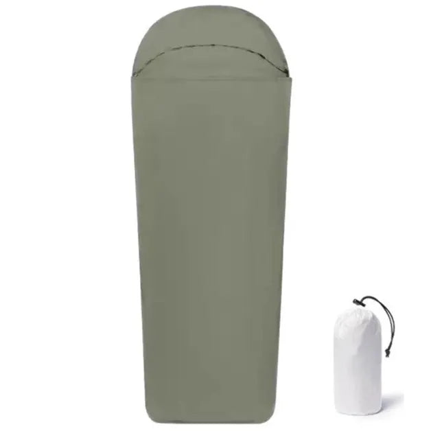 Blue mummy-style camping sleeping bag made from matte nylon fabric, shown rolled and unrolled.