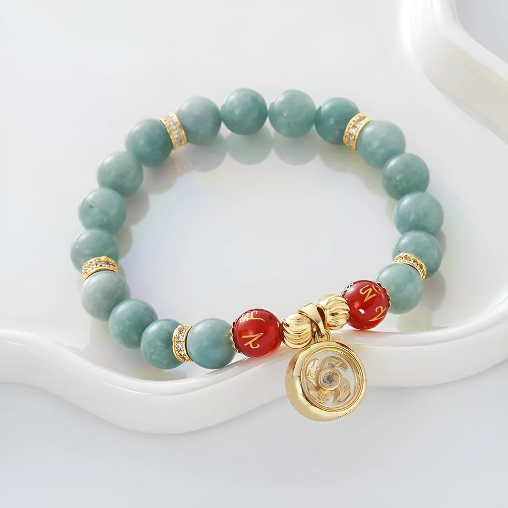 Natural agate bracelet with geometric jade-toned beads and lotus seedpod design