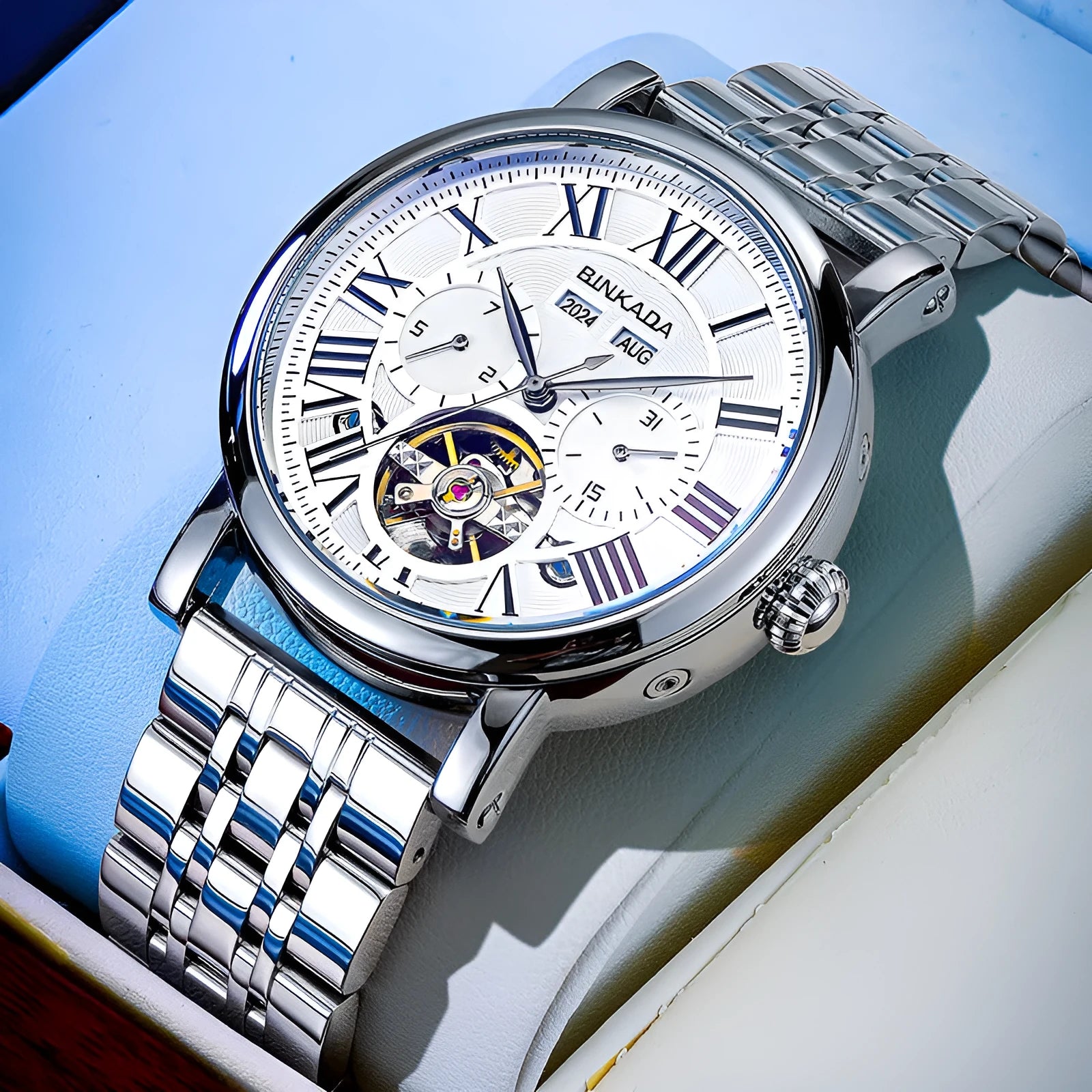 Men's automatic mechanical watch with steel bracelet and waterproof construction