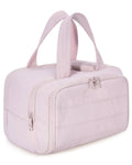 A large, fluffy soft travel toiletry bag in a choice of colours, shown open to reveal its spacious interior.