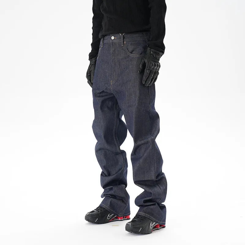 Dark blue casual loose straight fit jeans with straight leg cut on mannequin