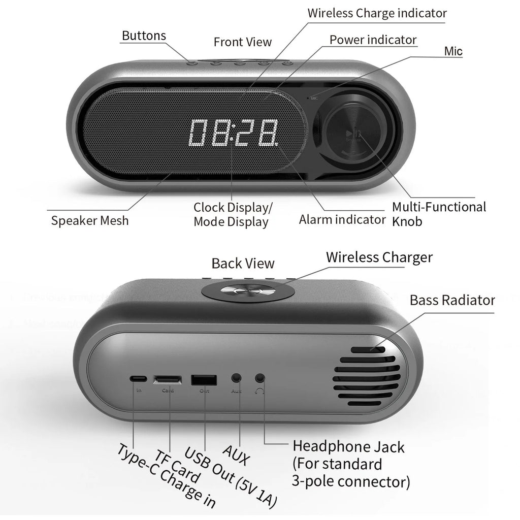 Space Grey wireless charging bedside alarm clock with Bluetooth speaker and LED display