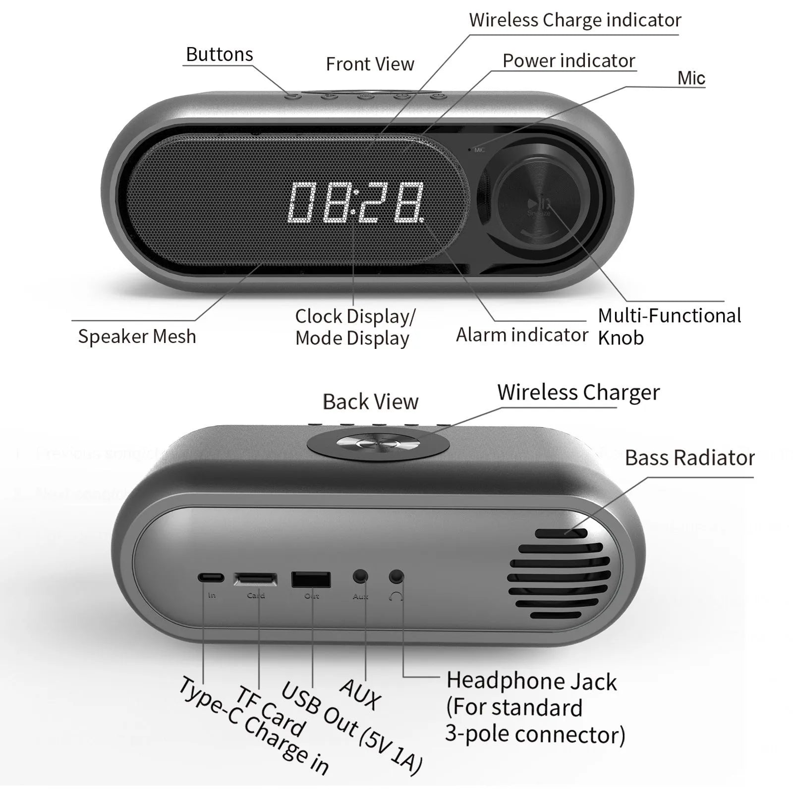 Space Grey wireless charging bedside alarm clock with Bluetooth speaker and LED display