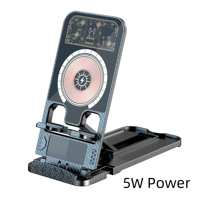 2-in-1 foldable wireless phone charger in black with Type-C input, measuring 143x143x69mm, designed for multiple device compatibilities.