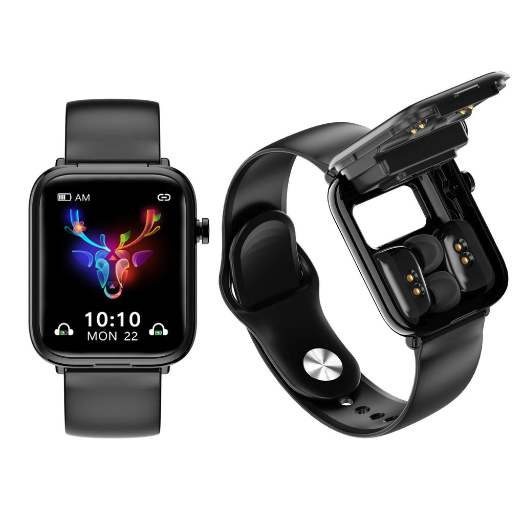 Black zinc alloy Bluetooth smartwatch with 1.69-inch touchscreen showing fitness stats next to its magnetic charging cable.