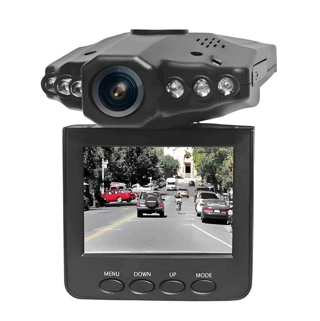 H198 black car dash cam with six infrared lights on front, shown on a windshield.
