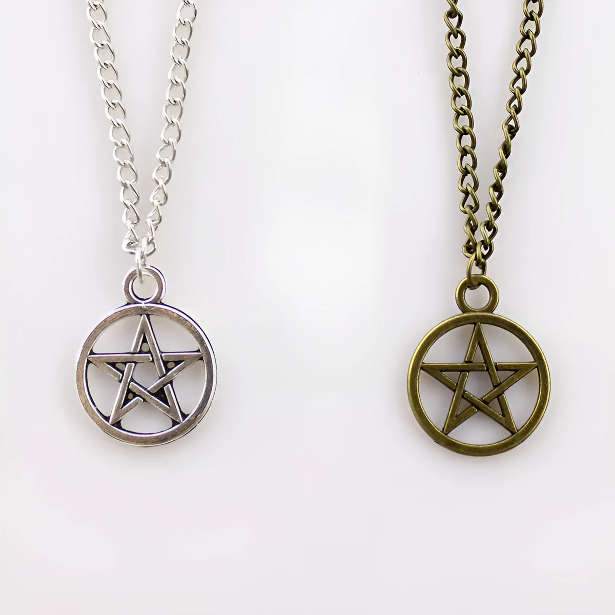 Vintage pentagram necklace in alloy, adjustable 21cm to 50cm, shown in Bronze or Silver