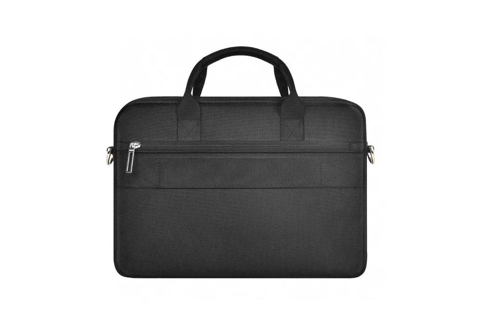 Black Oxford cloth laptop backpack showing multiple compartments and a lockable zip.