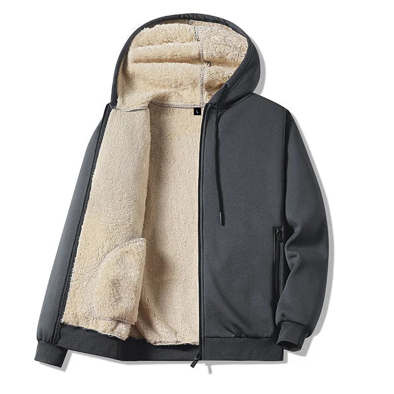 Men's black hooded jacket and matching trousers set with wool lining for autumn sports