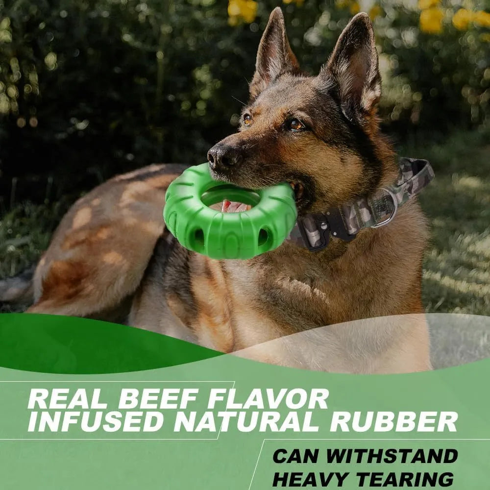 Blue, green, and red beef-flavoured tyre-shaped dog chew toy made from natural rubber.
